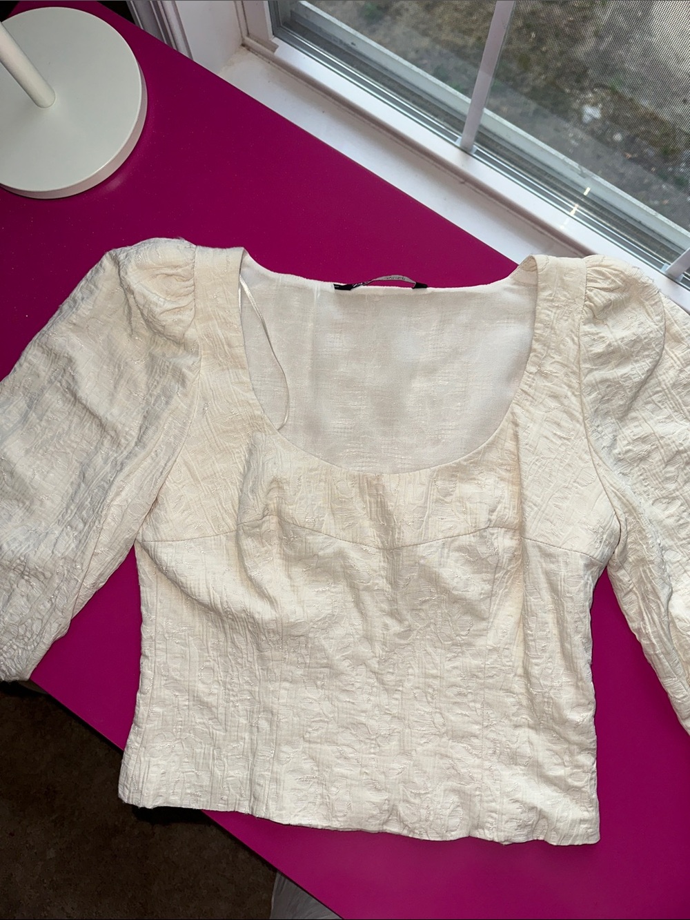 Zara Cream Textured Scoop-Neck Puff Sleeve Top